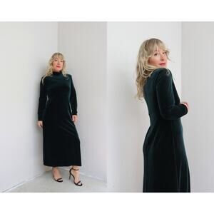 1990's Vintage Forest Green Velvet Stretch Mock Neck Dress ~ Women's XS SM MD